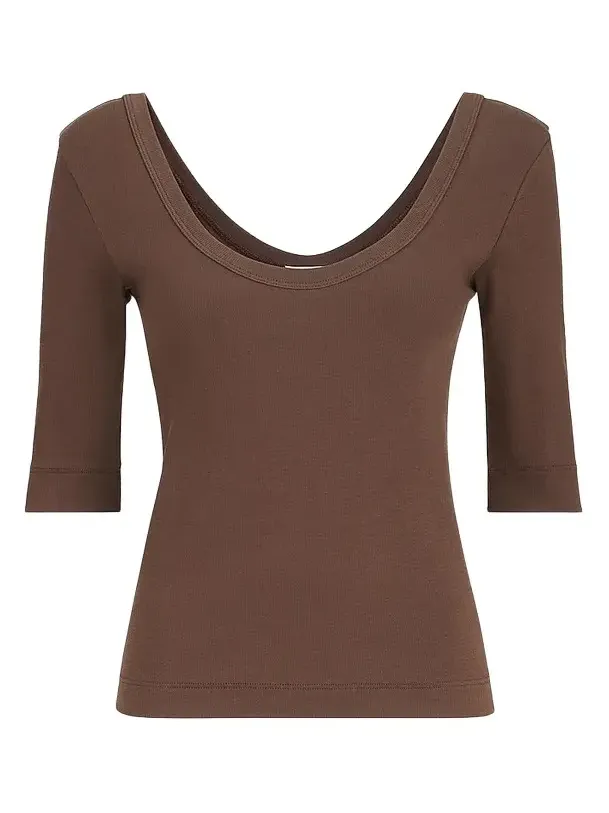 Women's Stretch Cotton Ribbed Jersey T-Shirt with Monili - Pine Cone Brown Women's Stretch Cotton Ribbed Jersey T-Shirt with Monili - Pine Cone Brown