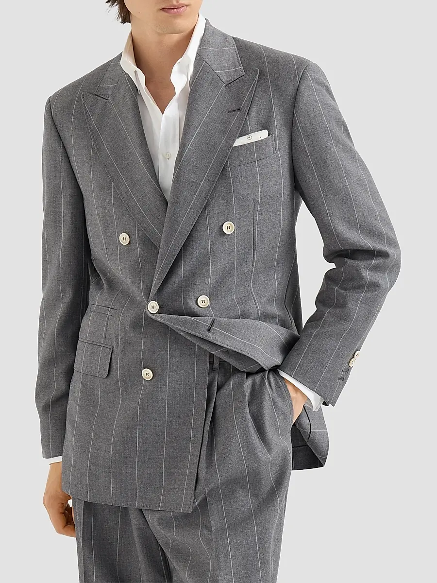 Brunello Cucinelli Men's Virgin Wool Chalk Stripe One and A Half Breasted Tailor Blazer | Thumbnail 2 Brunello Cucinelli Men's Virgin Wool Chalk Stripe One and A Half Breasted Tailor Blazer | Thumbnail 2