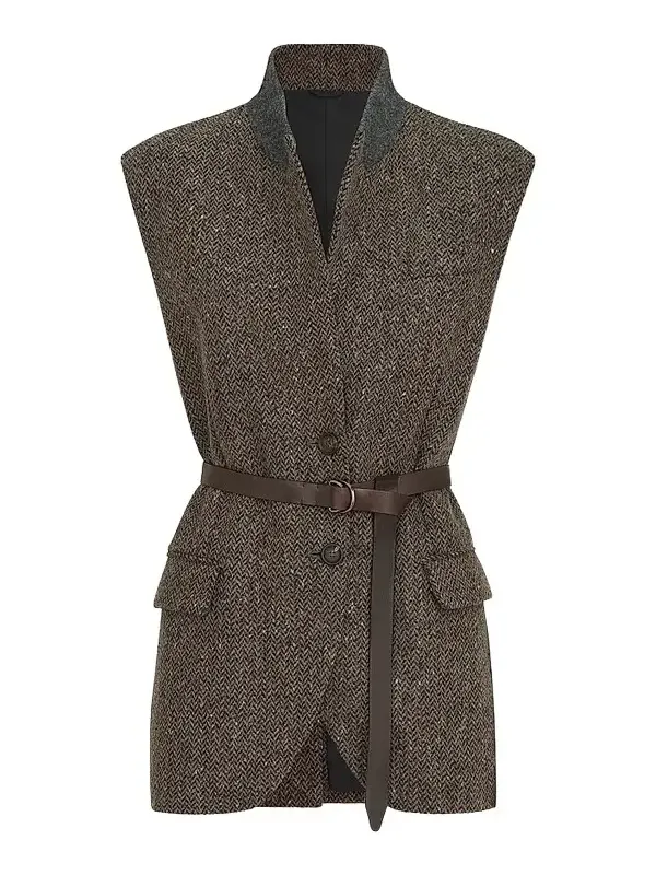 Women's Sparkling Virgin Wool Chevron Vest with Leather Belt and Monili - Pine Cone Brown Women's Sparkling Virgin Wool Chevron Vest with Leather Belt and Monili - Pine Cone Brown