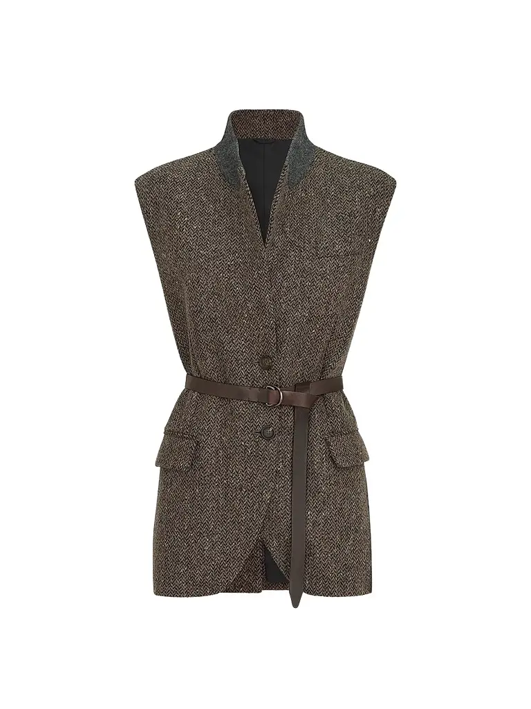 Brunello Cucinelli Women's Sparkling Virgin Wool Chevron Vest with Leather Belt and Monili - Pine Cone Brown | Image 1 Brunello Cucinelli Women's Sparkling Virgin Wool Chevron Vest with Leather Belt and Monili - Pine Cone Brown | Image 1