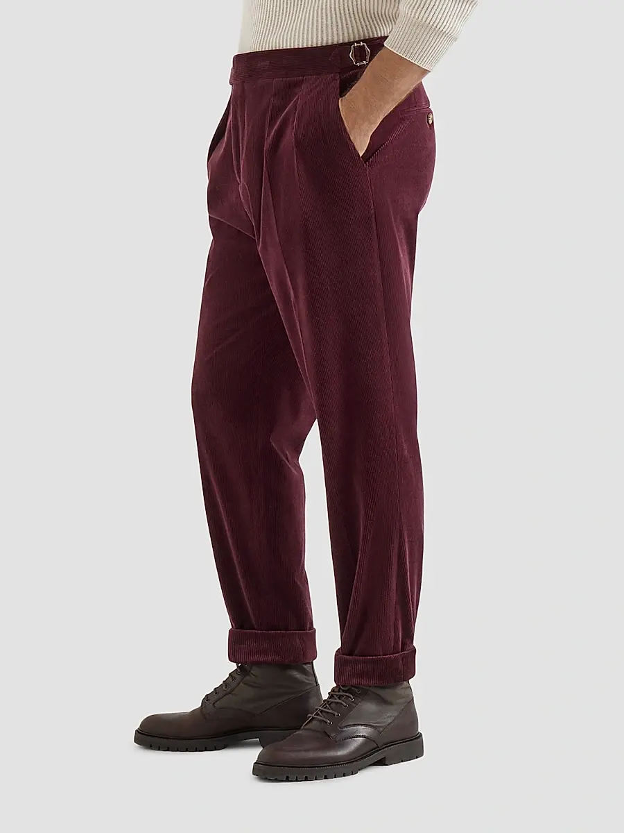 Brunello Cucinelli Men's Comfort Cotton and Cashmere Corduroy Trousers with Double Pleats - Burgundy | Thumbnail 5 Brunello Cucinelli Men's Comfort Cotton and Cashmere Corduroy Trousers with Double Pleats - Burgundy | Thumbnail 5