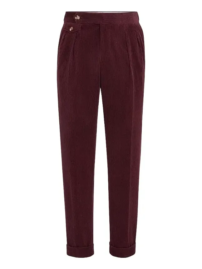 Men's Comfort Cotton and Cashmere Corduroy Trousers with Double Pleats - Burgundy Men's Comfort Cotton and Cashmere Corduroy Trousers with Double Pleats - Burgundy