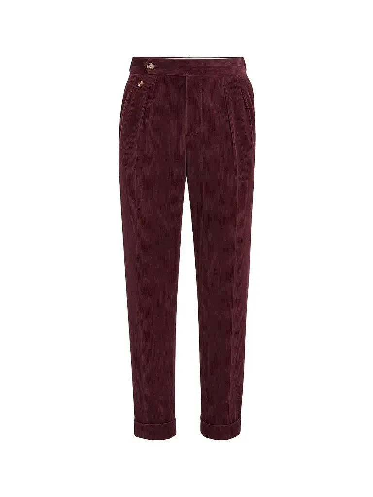 Brunello Cucinelli Men's Comfort Cotton and Cashmere Corduroy Trousers with Double Pleats - Burgundy | Image 1 Brunello Cucinelli Men's Comfort Cotton and Cashmere Corduroy Trousers with Double Pleats - Burgundy | Image 1