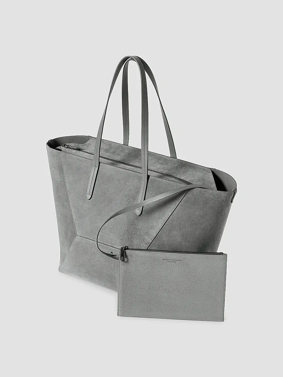 Brunello Cucinelli Women's Duo Tote Bag in Suede with Monili - Stone Grey | Thumbnail 4 Brunello Cucinelli Women's Duo Tote Bag in Suede with Monili - Stone Grey | Thumbnail 4