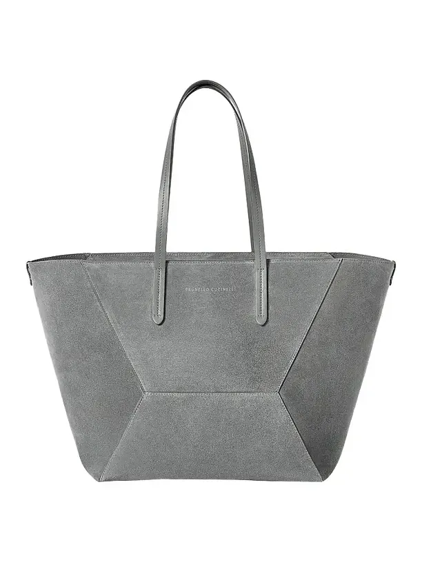 Women's Duo Tote Bag in Suede with Monili - Stone Grey Women's Duo Tote Bag in Suede with Monili - Stone Grey