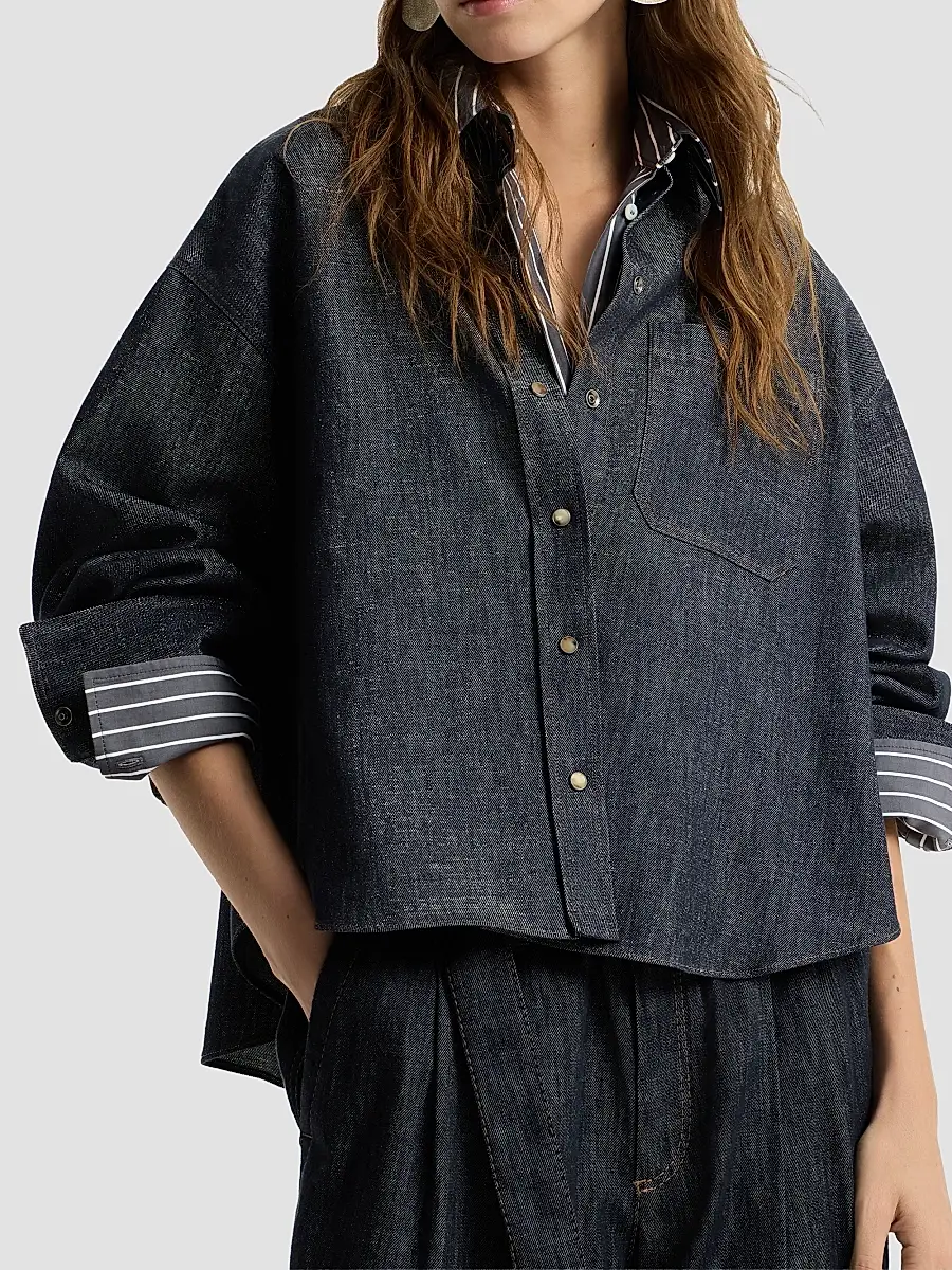 Brunello Cucinelli Women's Sparkling No-Fade Denim Shirt with Shiny Collar - Denim | Thumbnail 5 Brunello Cucinelli Women's Sparkling No-Fade Denim Shirt with Shiny Collar - Denim | Thumbnail 5