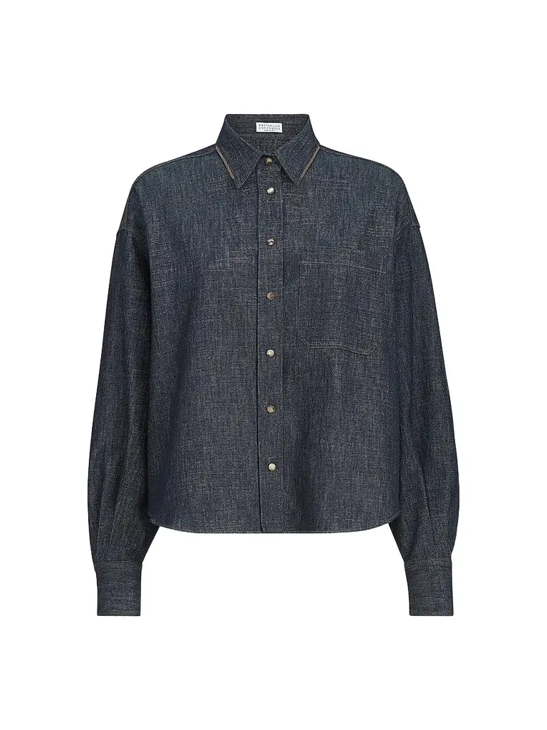 Brunello Cucinelli Women's Sparkling No-Fade Denim Shirt with Shiny Collar - Denim | Image 1 Brunello Cucinelli Women's Sparkling No-Fade Denim Shirt with Shiny Collar - Denim | Image 1