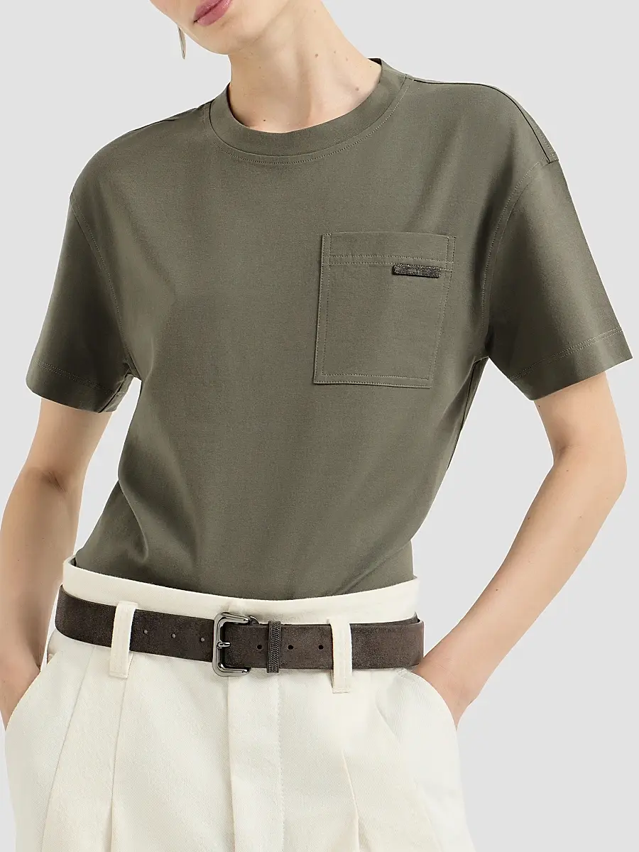 Brunello Cucinelli Women's Cotton Jersey T-Shirt with Shiny Tab - Origano | Thumbnail 3