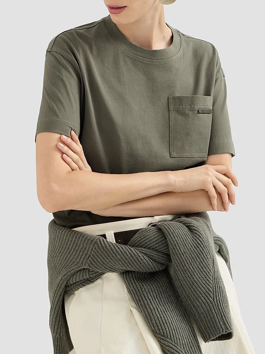 Brunello Cucinelli Women's Cotton Jersey T-Shirt with Shiny Tab - Origano | Thumbnail 5