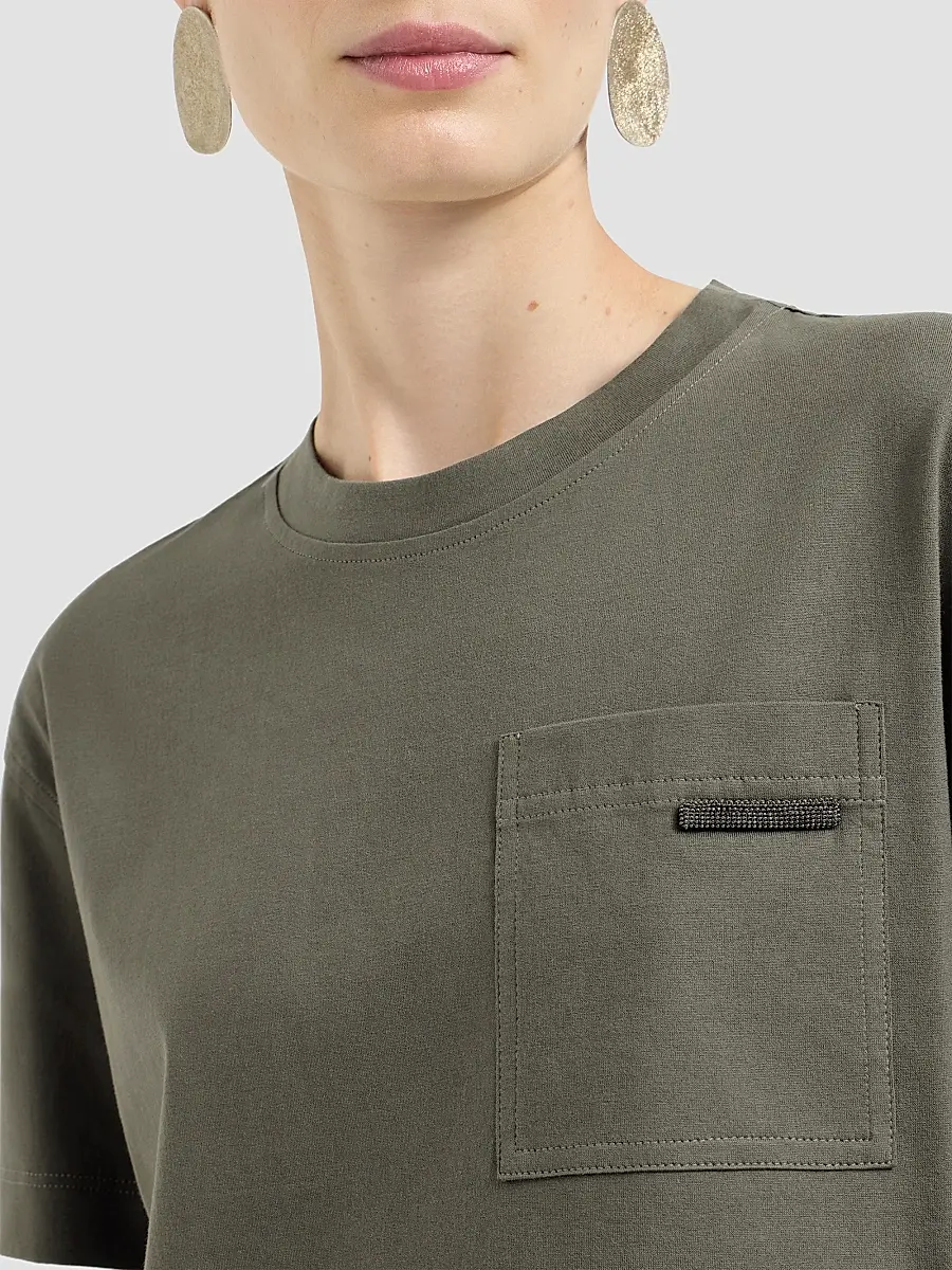 Brunello Cucinelli Women's Cotton Jersey T-Shirt with Shiny Tab - Origano | Thumbnail 6