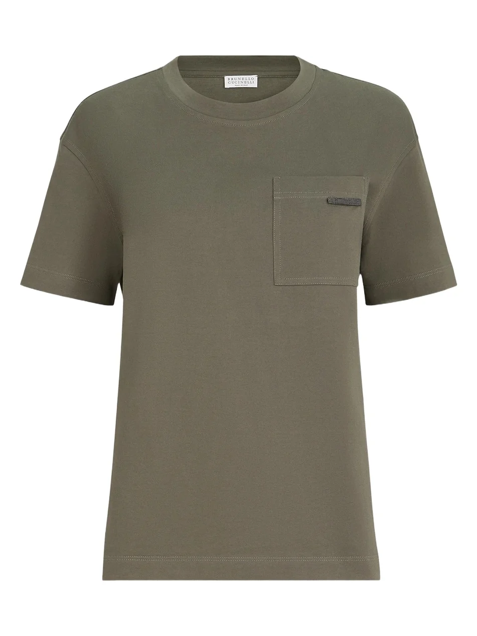 Brunello Cucinelli Women's Cotton Jersey T-Shirt with Shiny Tab - Origano