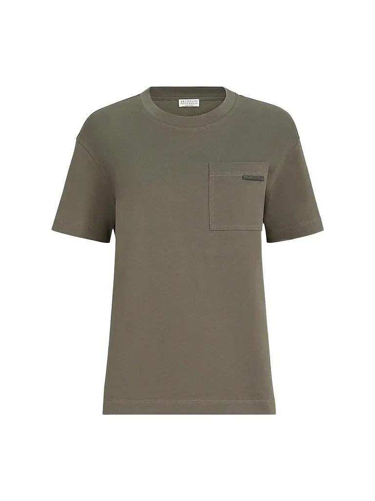Brunello Cucinelli Women's Cotton Jersey T-Shirt with Shiny Tab - Origano | Image 1 Brunello Cucinelli Women's Cotton Jersey T-Shirt with Shiny Tab - Origano | Image 1
