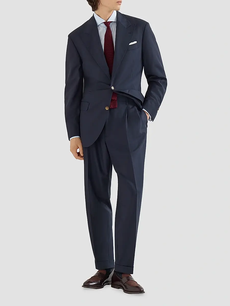 Brunello Cucinelli Men's Virgin Wool Chevron Trousers with Double Pleats - Navy Blue | Thumbnail 2