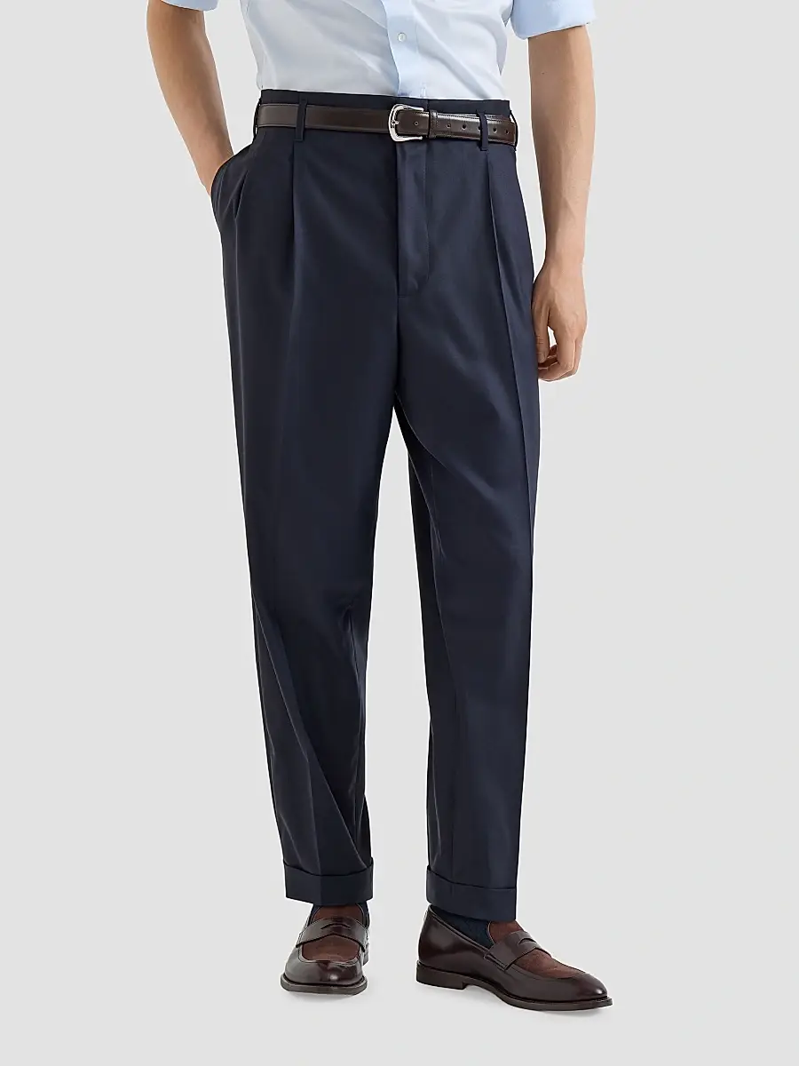 Brunello Cucinelli Men's Virgin Wool Chevron Trousers with Double Pleats - Navy Blue | Thumbnail 3