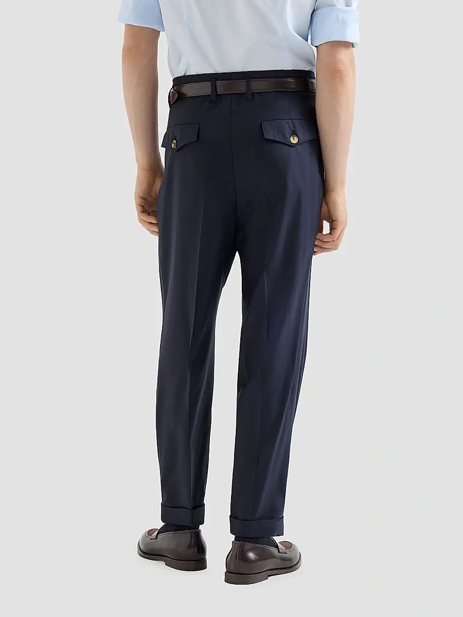 Brunello Cucinelli Men's Virgin Wool Chevron Trousers with Double Pleats - Navy Blue | Thumbnail 4