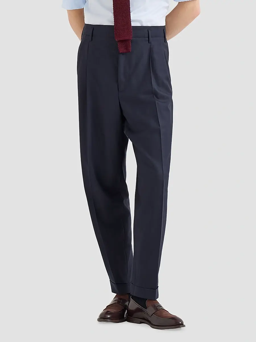 Brunello Cucinelli Men's Virgin Wool Chevron Trousers with Double Pleats - Navy Blue | Thumbnail 5