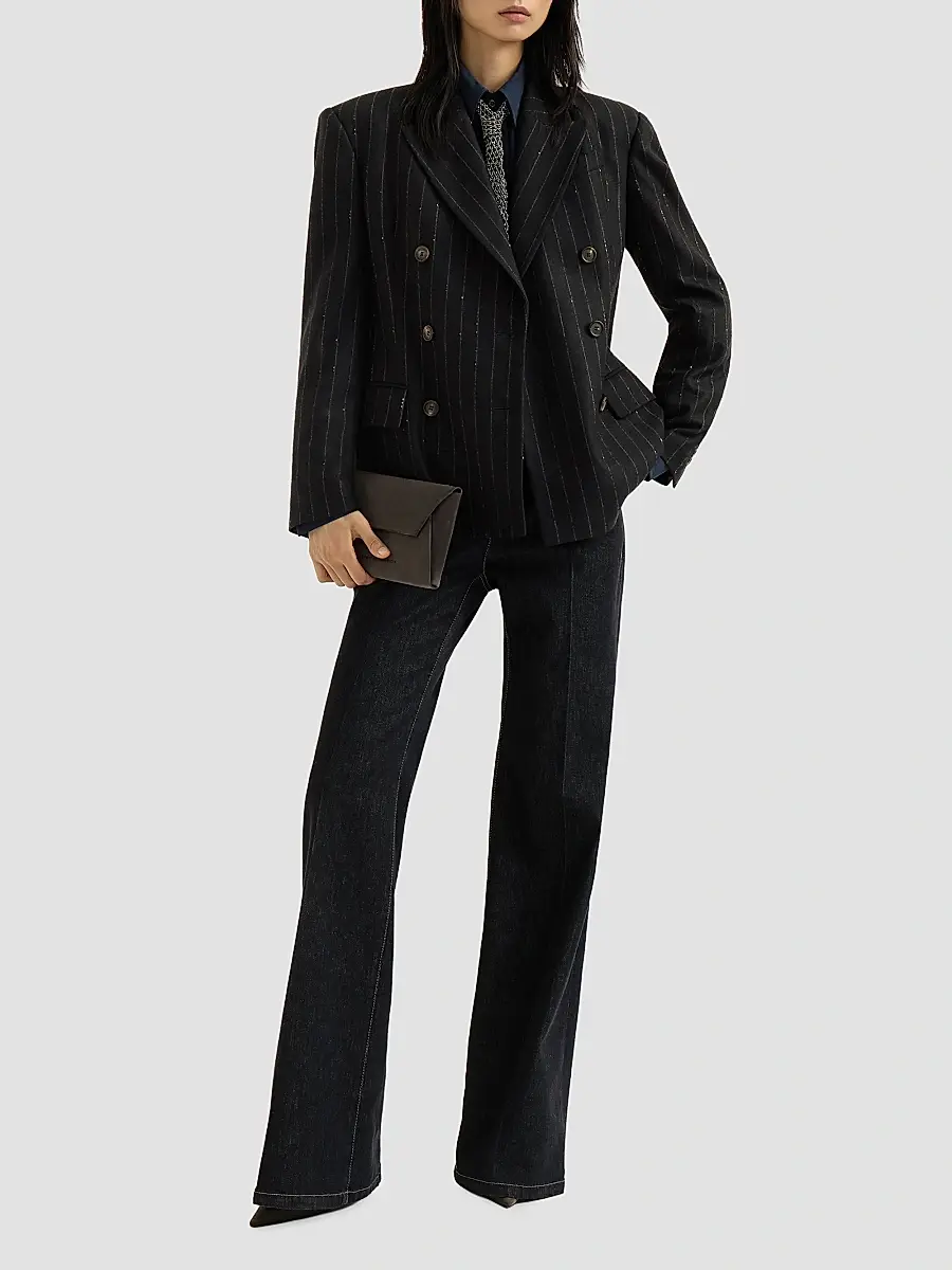 Brunello Cucinelli Women's Comfort Virgin Wool Dazzling Chalk Stripe Blazer with Monili - Cobalt | Thumbnail 2