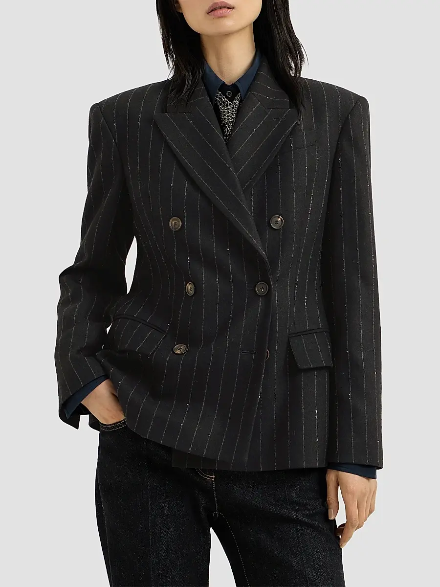 Brunello Cucinelli Women's Comfort Virgin Wool Dazzling Chalk Stripe Blazer with Monili - Cobalt | Thumbnail 3