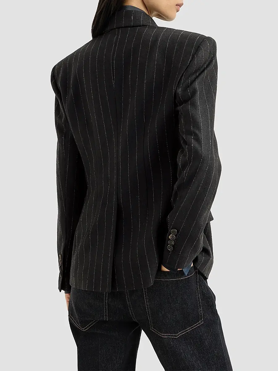 Brunello Cucinelli Women's Comfort Virgin Wool Dazzling Chalk Stripe Blazer with Monili - Cobalt | Thumbnail 4