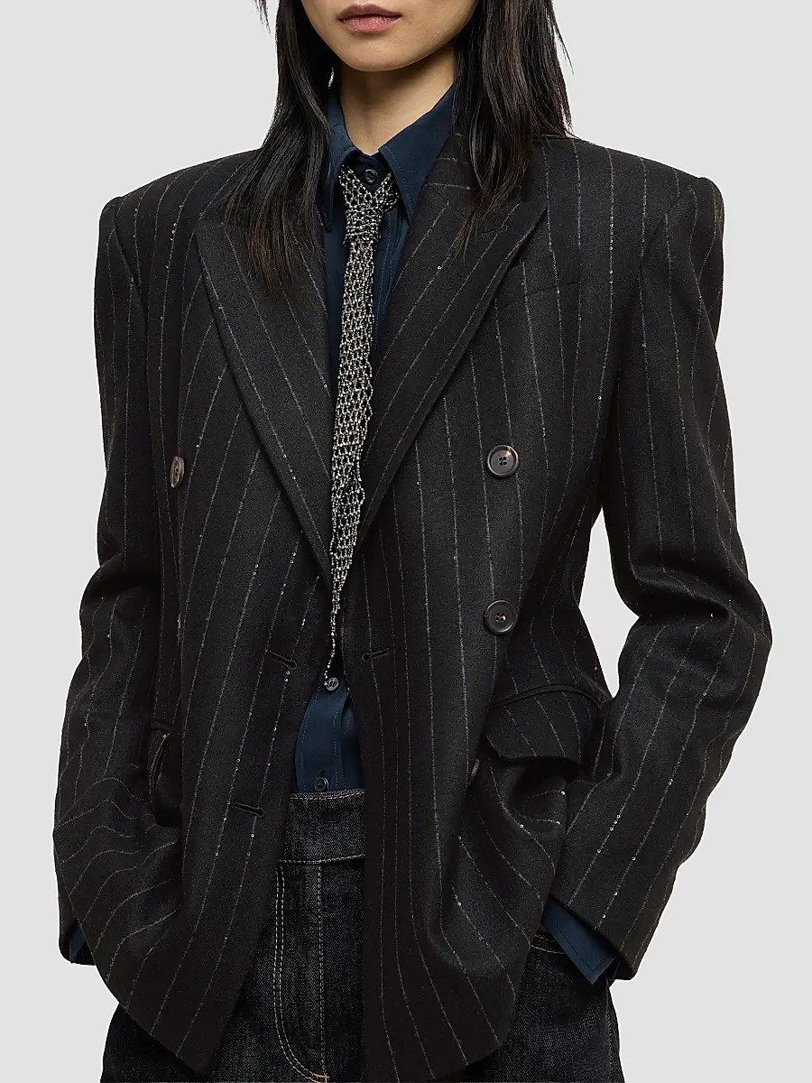 Brunello Cucinelli Women's Comfort Virgin Wool Dazzling Chalk Stripe Blazer with Monili - Cobalt | Thumbnail 5