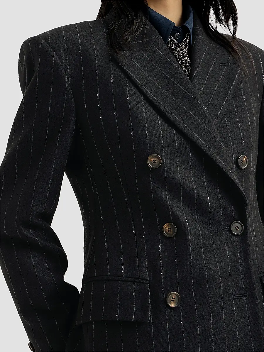 Brunello Cucinelli Women's Comfort Virgin Wool Dazzling Chalk Stripe Blazer with Monili - Cobalt | Thumbnail 6
