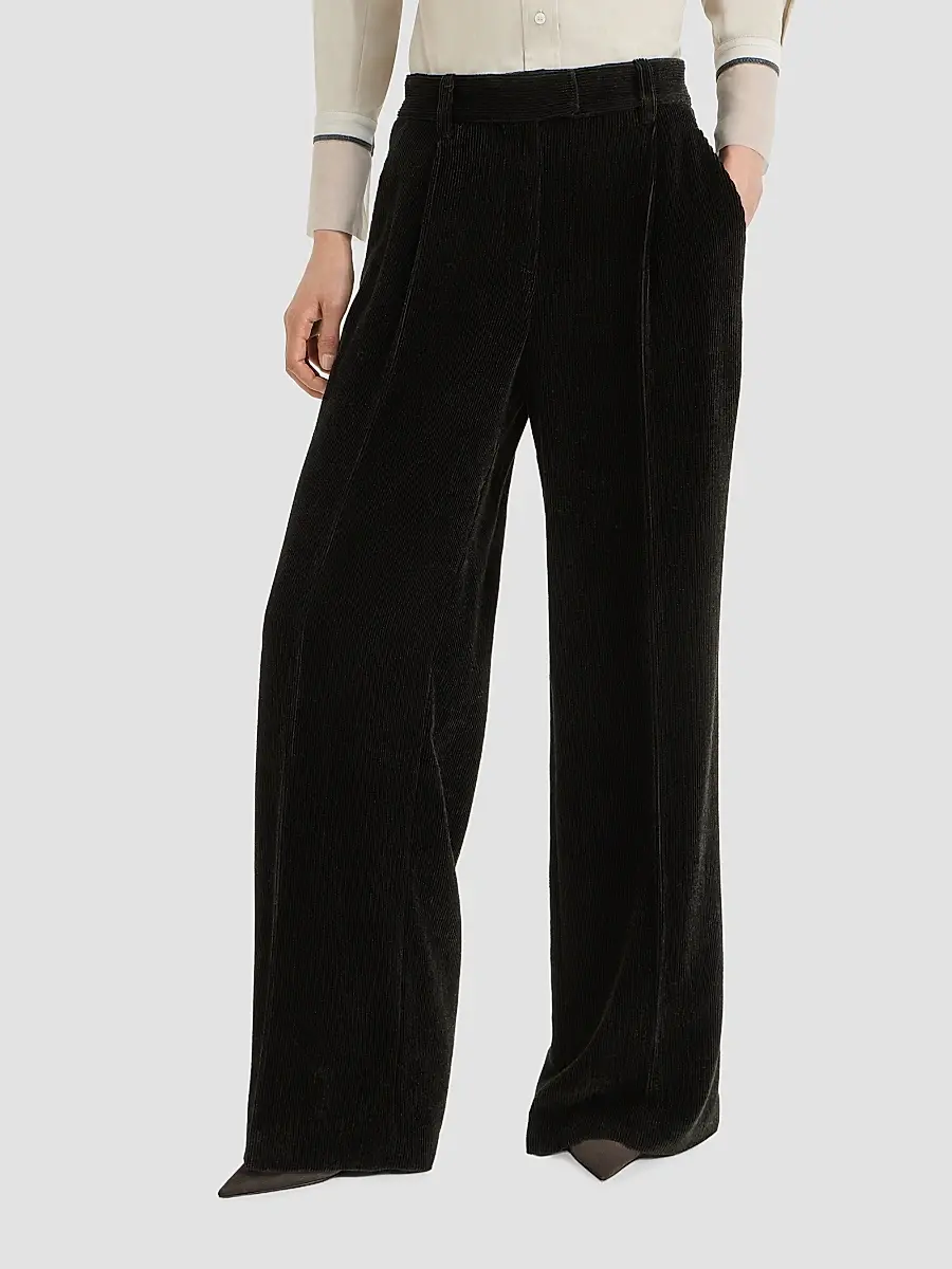 Brunello Cucinelli Women's Sparkling Corduroy Loose Pleated Trousers with Monili - Black | Thumbnail 3 Brunello Cucinelli Women's Sparkling Corduroy Loose Pleated Trousers with Monili - Black | Thumbnail 3