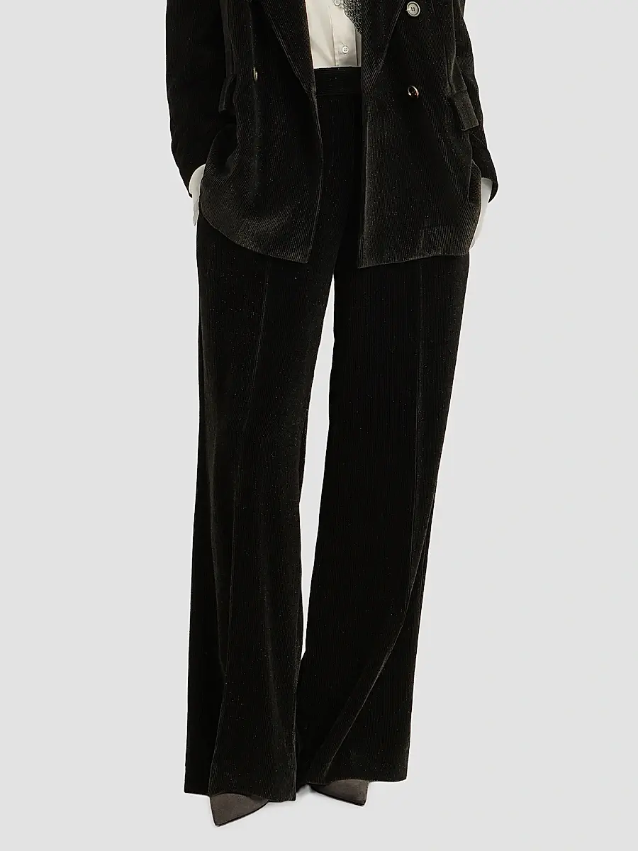 Brunello Cucinelli Women's Sparkling Corduroy Loose Pleated Trousers with Monili - Black | Thumbnail 5 Brunello Cucinelli Women's Sparkling Corduroy Loose Pleated Trousers with Monili - Black | Thumbnail 5