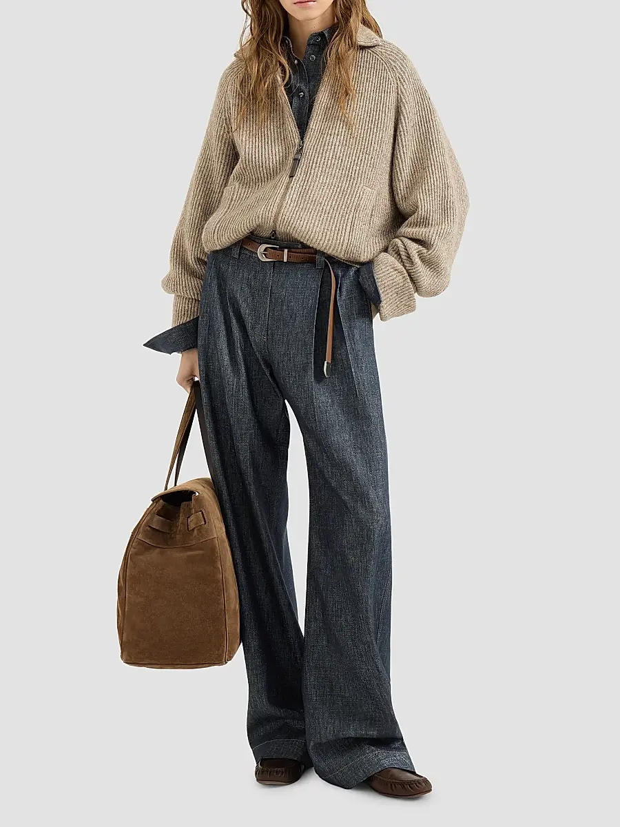 Brunello Cucinelli Women's Sparkling No-Fade Denim Loose Curved Trousers with Monili - Denim | Thumbnail 2