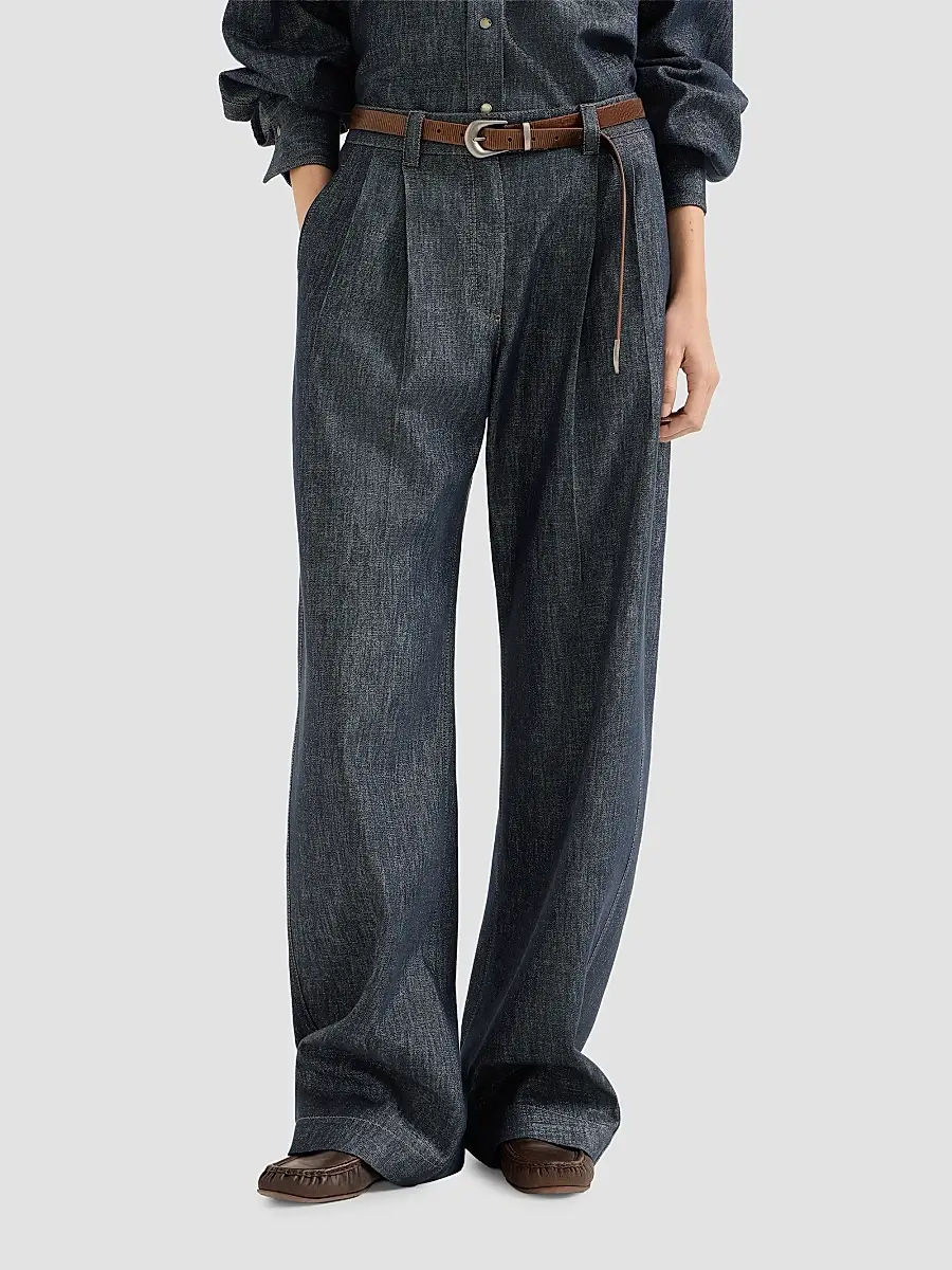 Brunello Cucinelli Women's Sparkling No-Fade Denim Loose Curved Trousers with Monili - Denim | Thumbnail 3
