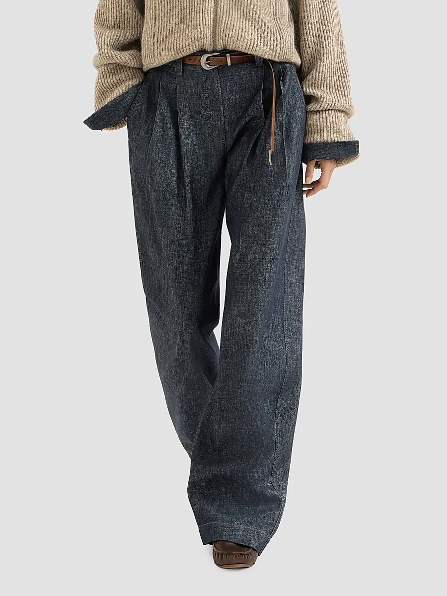 Brunello Cucinelli Women's Sparkling No-Fade Denim Loose Curved Trousers with Monili - Denim | Thumbnail 5