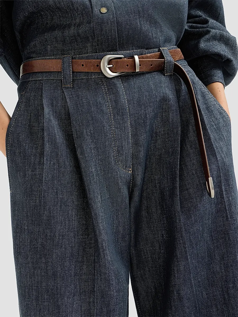 Brunello Cucinelli Women's Sparkling No-Fade Denim Loose Curved Trousers with Monili - Denim | Thumbnail 6