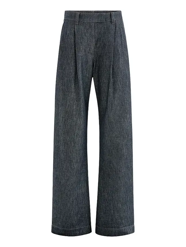 Women's Sparkling No-Fade Denim Loose Curved Trousers with Monili - Denim