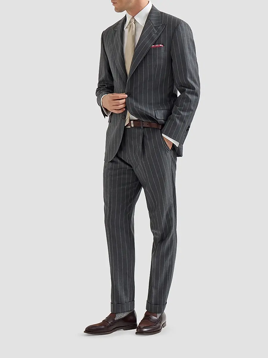 Brunello Cucinelli Men's Super 150s Virgin Wool Wide Chalk Stripe Batavia Trousers with Pleats - Grey | Thumbnail 2 Brunello Cucinelli Men's Super 150s Virgin Wool Wide Chalk Stripe Batavia Trousers with Pleats - Grey | Thumbnail 2