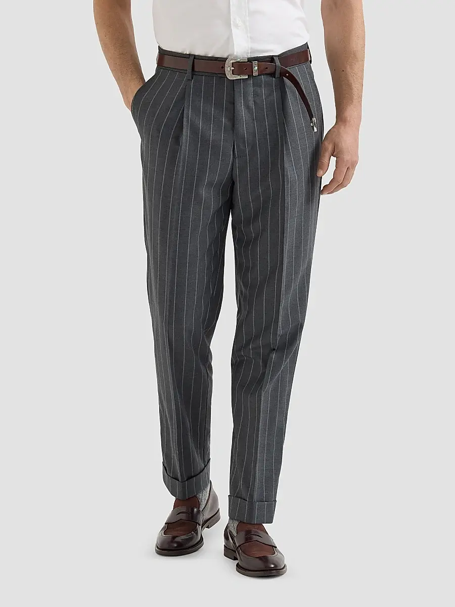 Brunello Cucinelli Men's Super 150s Virgin Wool Wide Chalk Stripe Batavia Trousers with Pleats - Grey | Thumbnail 3 Brunello Cucinelli Men's Super 150s Virgin Wool Wide Chalk Stripe Batavia Trousers with Pleats - Grey | Thumbnail 3