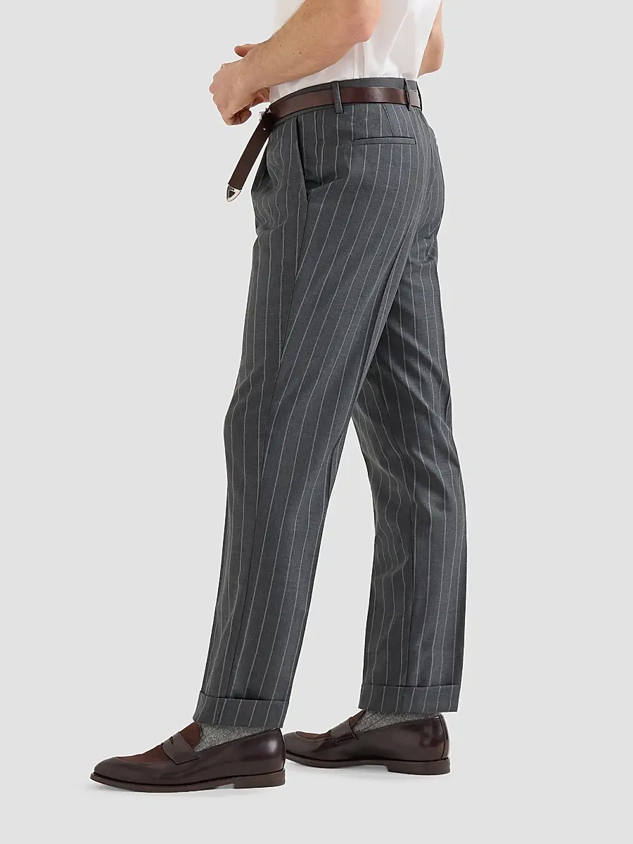 Brunello Cucinelli Men's Super 150s Virgin Wool Wide Chalk Stripe Batavia Trousers with Pleats - Grey | Thumbnail 4 Brunello Cucinelli Men's Super 150s Virgin Wool Wide Chalk Stripe Batavia Trousers with Pleats - Grey | Thumbnail 4