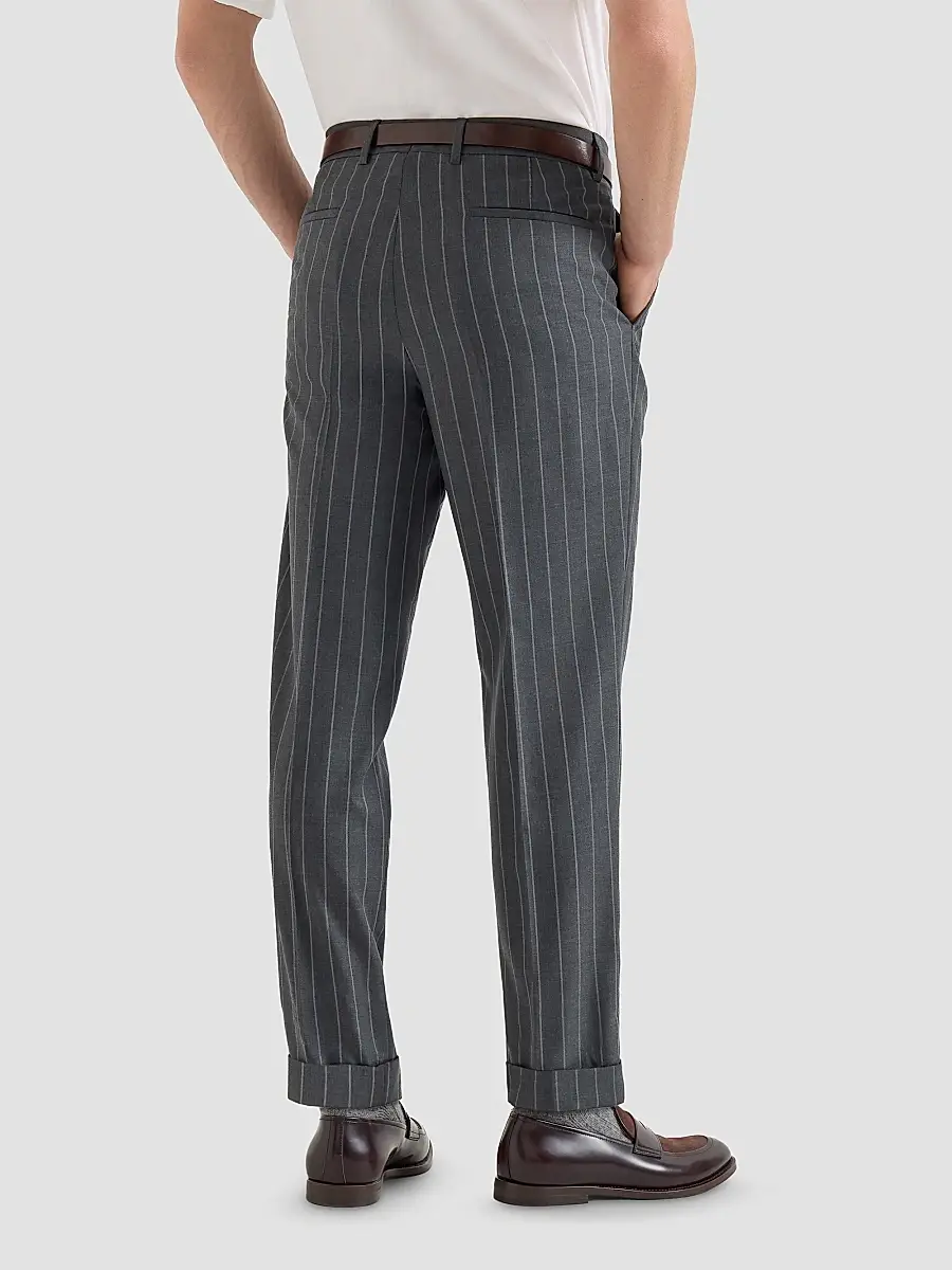 Brunello Cucinelli Men's Super 150s Virgin Wool Wide Chalk Stripe Batavia Trousers with Pleats - Grey | Thumbnail 5 Brunello Cucinelli Men's Super 150s Virgin Wool Wide Chalk Stripe Batavia Trousers with Pleats - Grey | Thumbnail 5