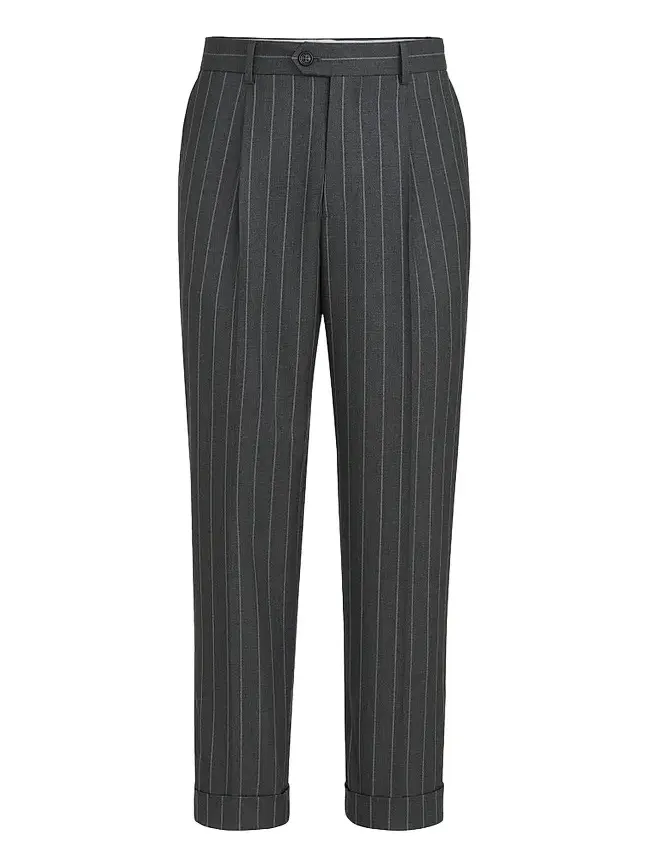 Brunello Cucinelli Men's Super 150s Virgin Wool Wide Chalk Stripe Batavia Trousers with Pleats - Grey