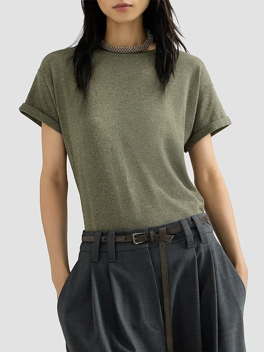 Brunello Cucinelli Women's Sparkling Cashmere and Silk Lightweight Knit T-Shirt | Thumbnail 5 Brunello Cucinelli Women's Sparkling Cashmere and Silk Lightweight Knit T-Shirt | Thumbnail 5