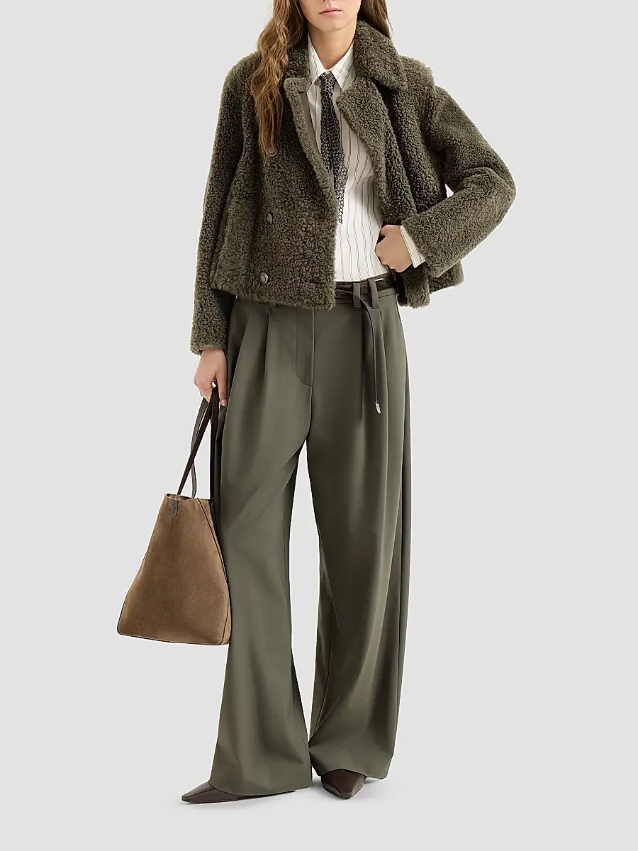 Brunello Cucinelli Women's Fuzzy Shearling Pea Coat | Thumbnail 2 Brunello Cucinelli Women's Fuzzy Shearling Pea Coat | Thumbnail 2