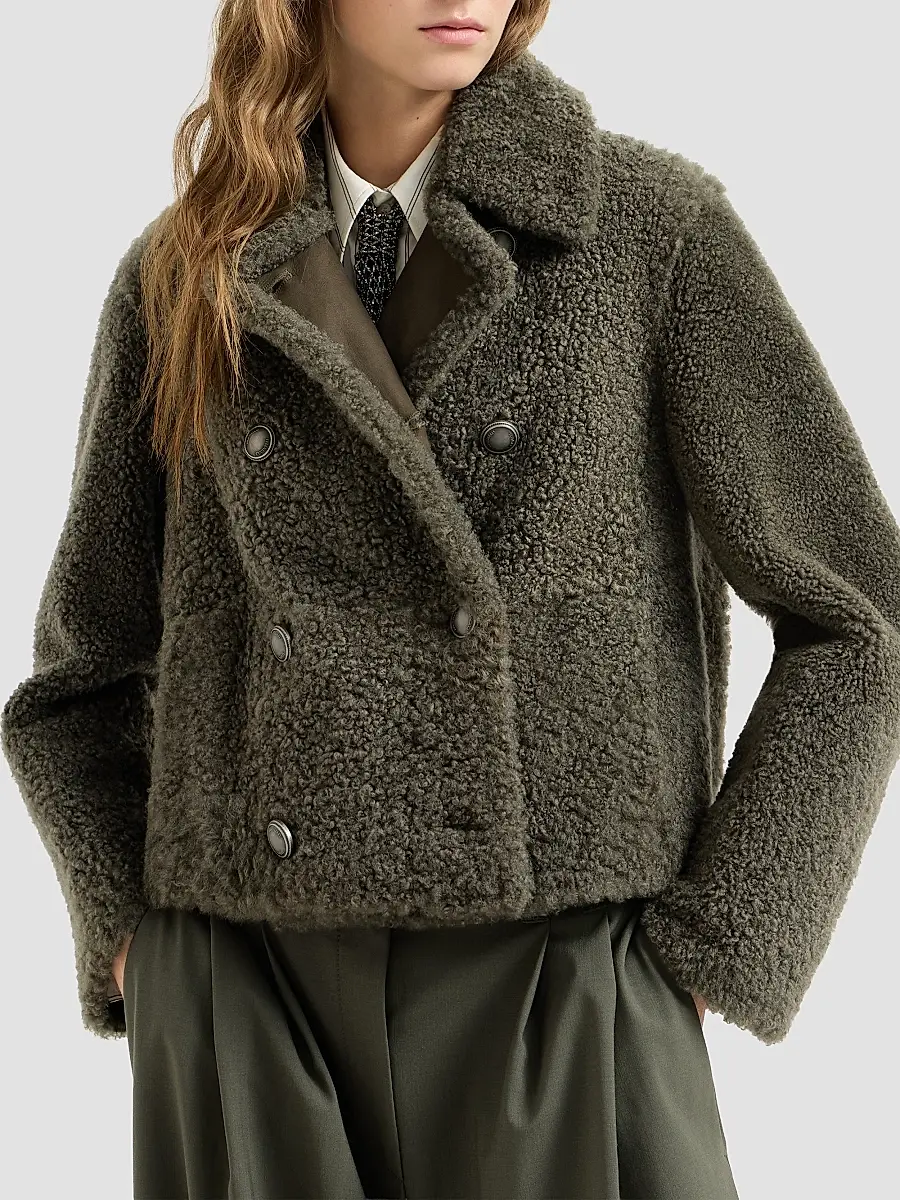 Brunello Cucinelli Women's Fuzzy Shearling Pea Coat | Thumbnail 3 Brunello Cucinelli Women's Fuzzy Shearling Pea Coat | Thumbnail 3