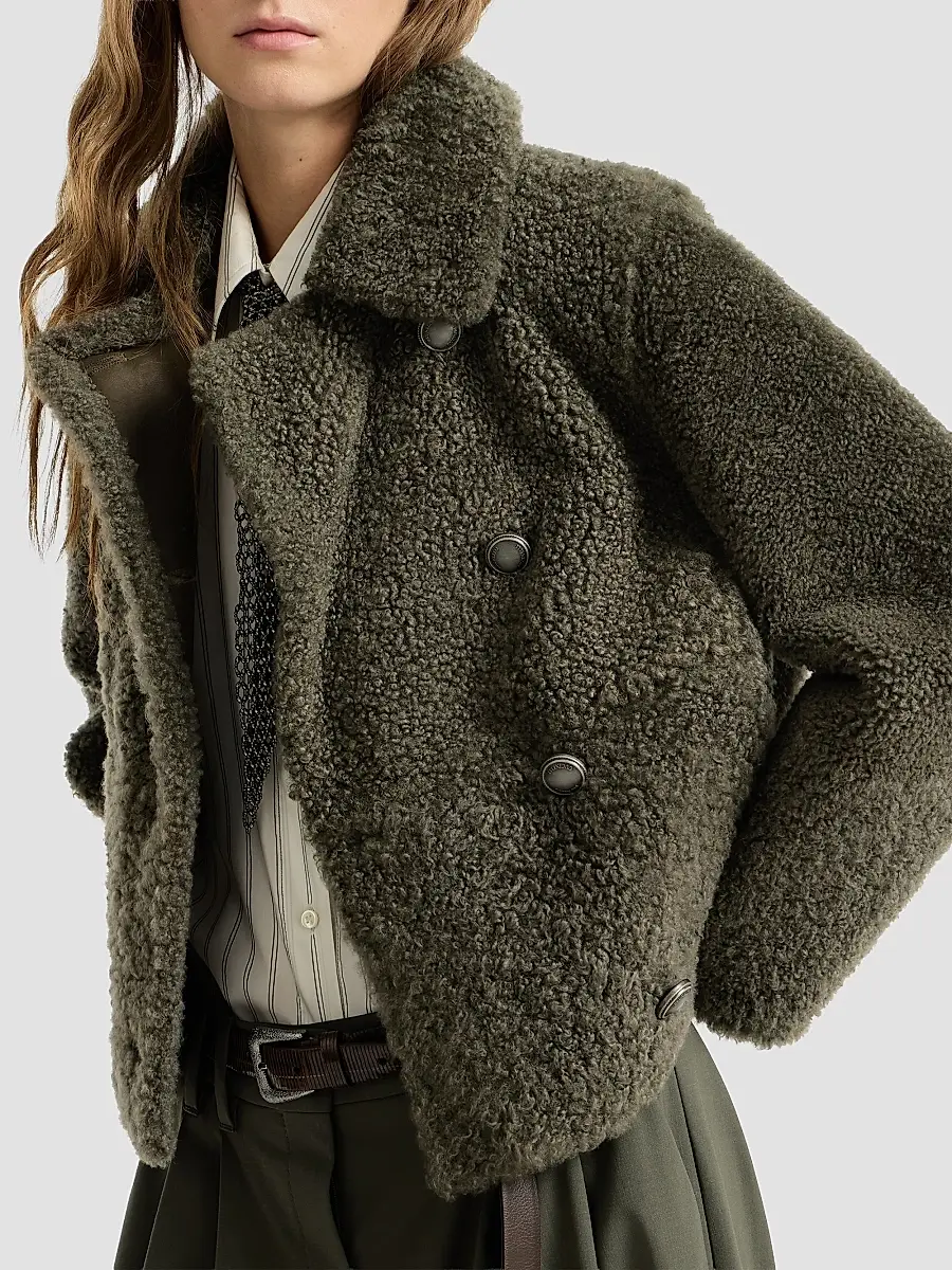 Brunello Cucinelli Women's Fuzzy Shearling Pea Coat | Thumbnail 5 Brunello Cucinelli Women's Fuzzy Shearling Pea Coat | Thumbnail 5