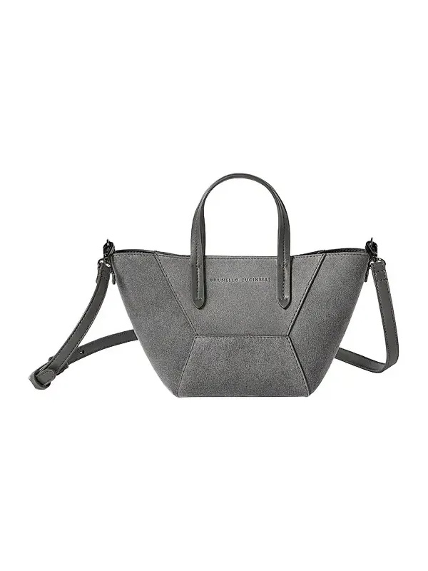Brunello Cucinelli Women's Duo Mini Top Handle Bag in Suede with Monili - Stone Grey