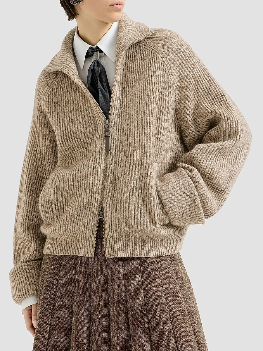 Brunello Cucinelli Women's Sparkling Cashmere, Mohair and Wool Ribbed Cardigan with Shiny Zipper Pull | Thumbnail 3 Brunello Cucinelli Women's Sparkling Cashmere, Mohair and Wool Ribbed Cardigan with Shiny Zipper Pull | Thumbnail 3