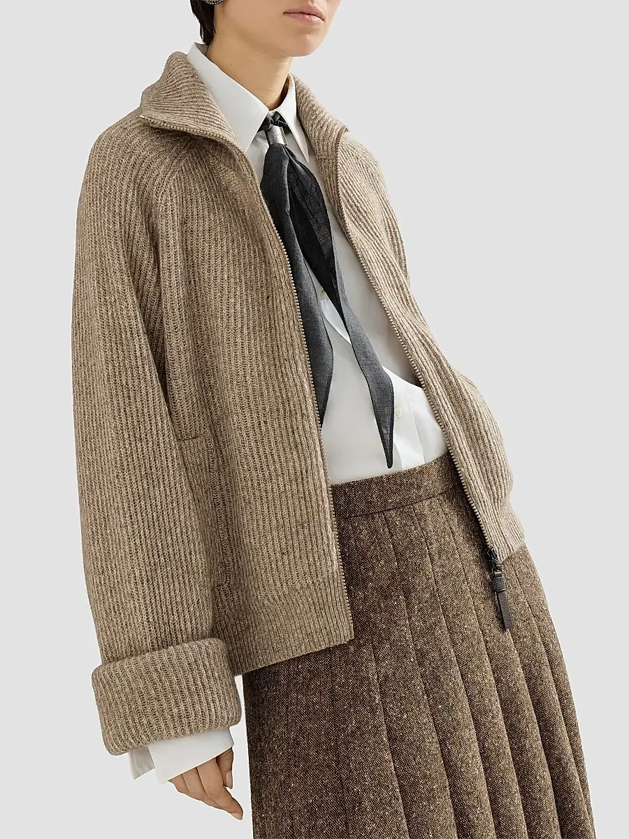 Brunello Cucinelli Women's Sparkling Cashmere, Mohair and Wool Ribbed Cardigan with Shiny Zipper Pull | Thumbnail 5 Brunello Cucinelli Women's Sparkling Cashmere, Mohair and Wool Ribbed Cardigan with Shiny Zipper Pull | Thumbnail 5