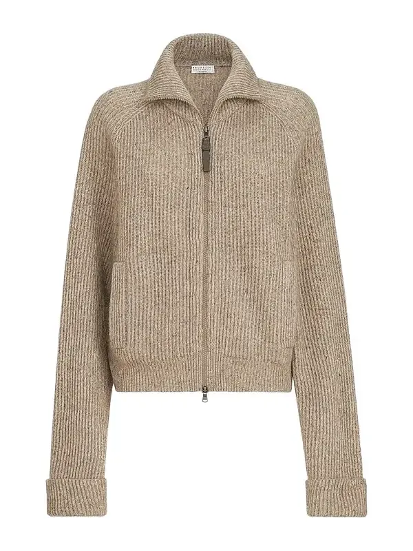 Women's Sparkling Cashmere, Mohair and Wool Ribbed Cardigan with Shiny Zipper Pull Women's Sparkling Cashmere, Mohair and Wool Ribbed Cardigan with Shiny Zipper Pull