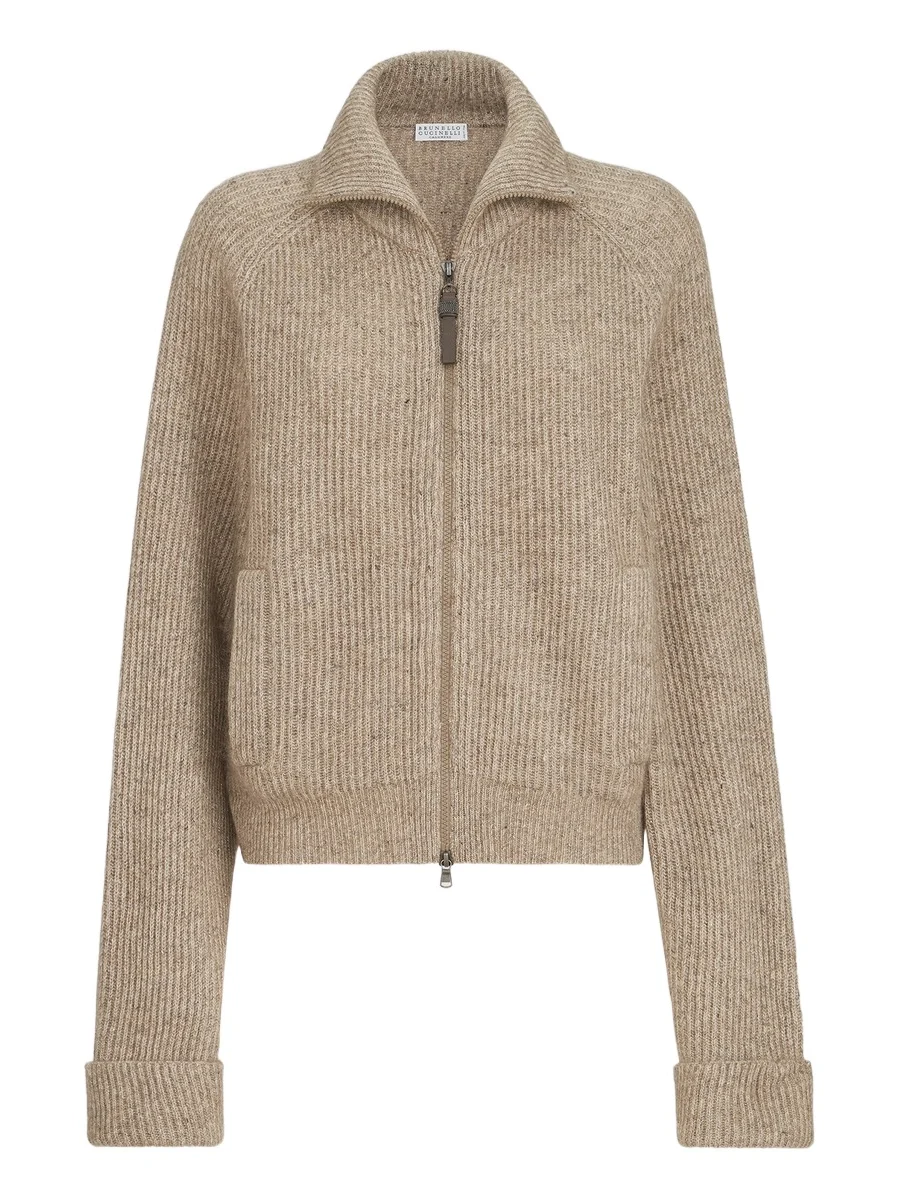 Women's Sparkling Cashmere, Mohair and Wool Ribbed Cardigan with Shiny Zipper Pull Women's Sparkling Cashmere, Mohair and Wool Ribbed Cardigan with Shiny Zipper Pull