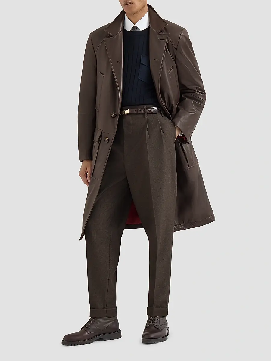 Brunello Cucinelli Men's Nappa Leather Overcoat with Thermore Padding - Brown | Thumbnail 2 Brunello Cucinelli Men's Nappa Leather Overcoat with Thermore Padding - Brown | Thumbnail 2