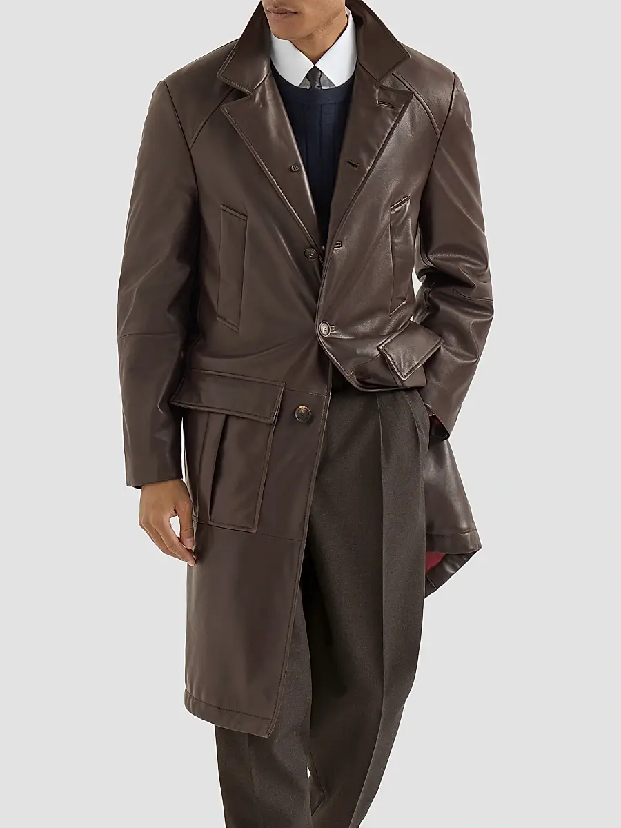 Brunello Cucinelli Men's Nappa Leather Overcoat with Thermore Padding - Brown | Thumbnail 3 Brunello Cucinelli Men's Nappa Leather Overcoat with Thermore Padding - Brown | Thumbnail 3
