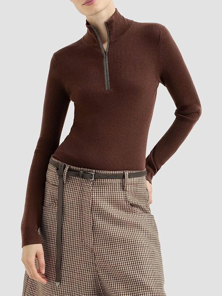Brunello Cucinelli Women's Virgin Wool and Cashmere Lightweight Ribbed Turtleneck Sweater | Thumbnail 3