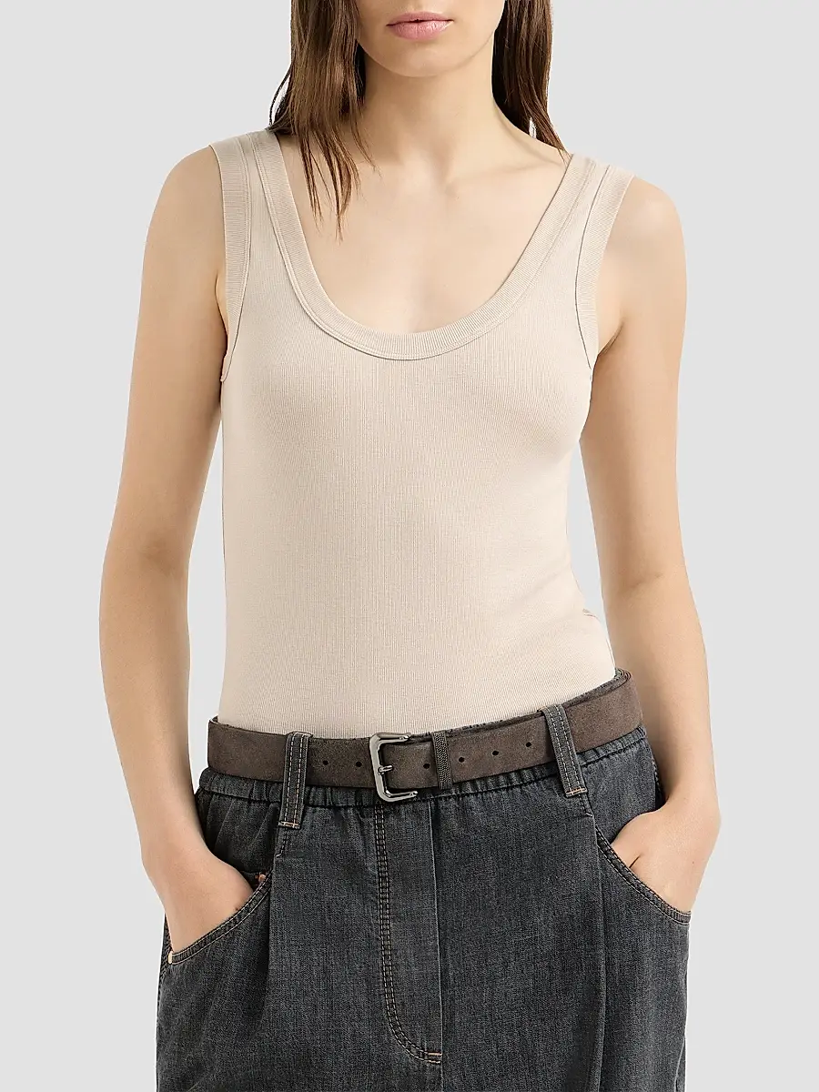 Brunello Cucinelli Women's Stretch Cotton Ribbed Jersey Top with Monili - Cool Beige | Thumbnail 2 Brunello Cucinelli Women's Stretch Cotton Ribbed Jersey Top with Monili - Cool Beige | Thumbnail 2